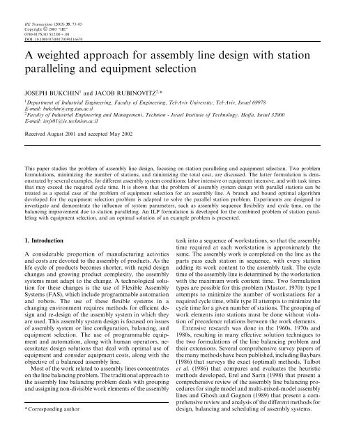 A weighted approach for assembly line design with station ...