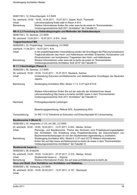 Studiengang Architektur Master - TU Berlin