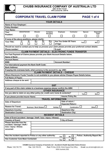 chubb business travel insurance policy wording and product disclosure statement