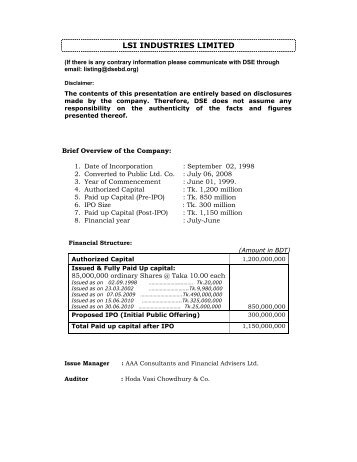 LSI INDUSTRIES LIMITED - Dhaka Stock Exchange