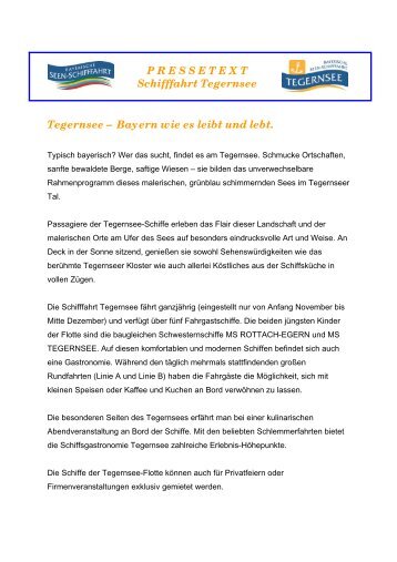 PRESSETEXT Schifffahrt Tegernsee Tegernsee - Bayerische ...