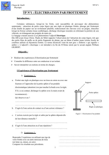 TP NÂ°1 : ÃLECTRISATION PAR FROTTEMENT - Physagreg