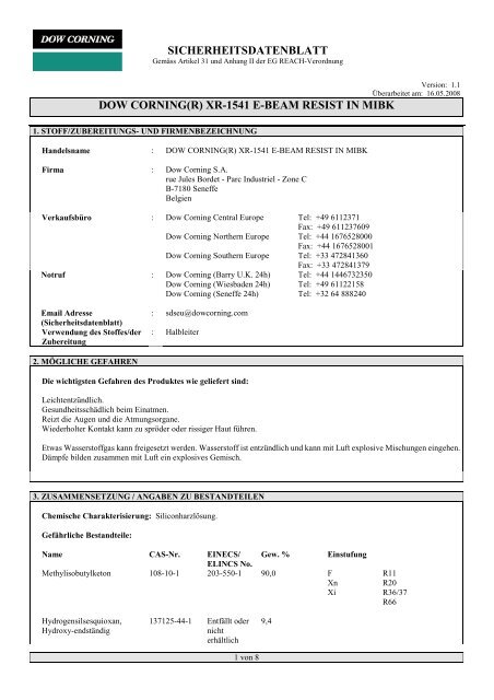 Sicherheitsdatenblatt Dow Corning R Xr 1541 E Beam Resist First