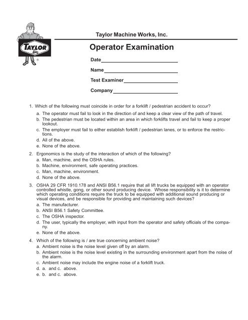 Operator Examination (English) - Taylor Machine Works