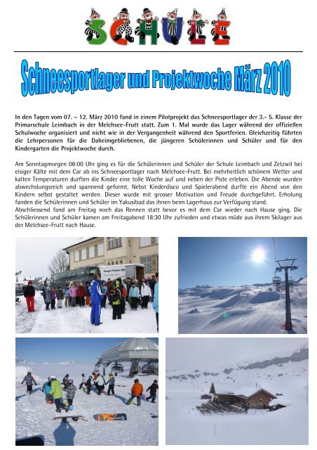 Bericht Skilager und Projektwoche - Leimbach