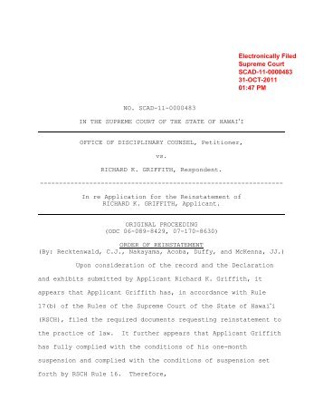 Hawai`i Supreme Court Order of Reinstatement of Richard K. Griffith