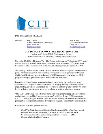 CIT TO HOST INNOVATIVE TRANSITIONS 2006 - Center for ...