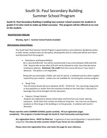 High School Summer Registration Form - South St. Paul Secondary