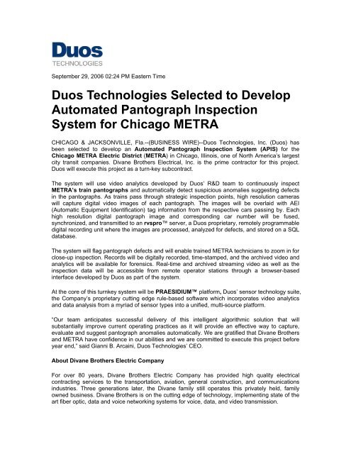 Duos Technologies Selected to Develop Automated Pantograph ...