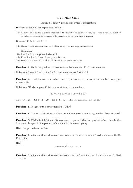 BYU Math Circle Lesson 2. Prime Numbers and Prime ...