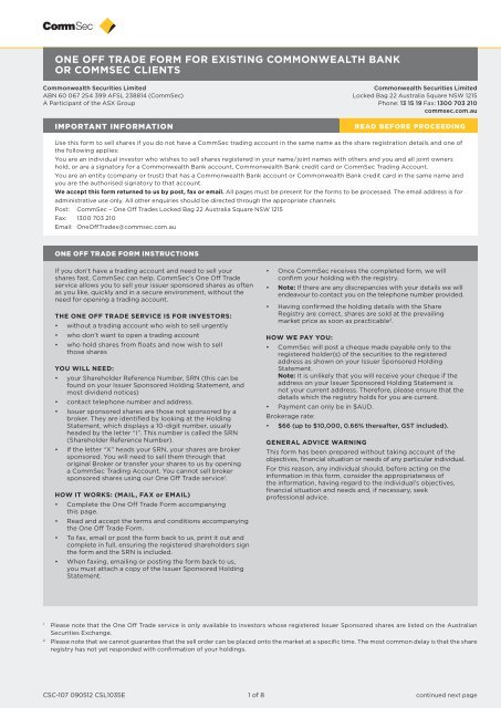 one off trade form for existing commonwealth bank or commsec clients