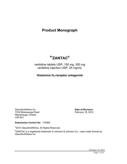 Product Monograph ZANTAC - GlaxoSmithKline