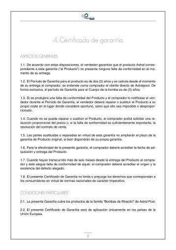 4. Certificado de garantía - VitaPiscine