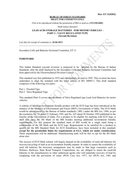 Doc: ET 11(6562) LEAD ACID STORAGE BATTERIES FOR ... - BIS