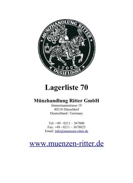 Lagerliste 70 www.muenzen-ritter.de - MÃ¼nzhandlung Ritter GmbH