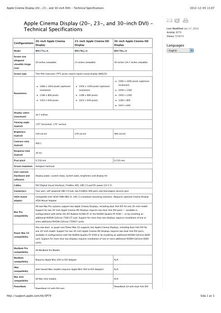 Apple Cinema Display (20-, 23-, and 30-inch DVI) - Technical ...