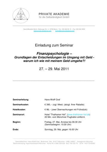 Einladung Seminar Finanzpsychologie 27 -29 05 2011