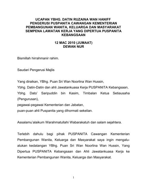 ucapan ybhg. datin ruzaina wan haniff pengerusi puspanita  - kpwkm