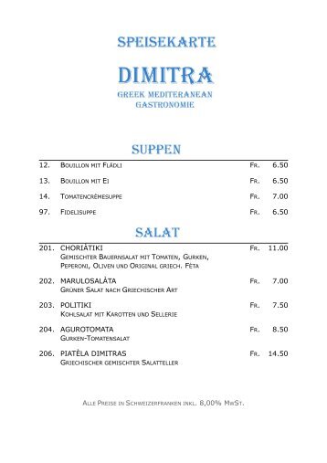 Speisekarte - Restaurant Dimitra Flawil