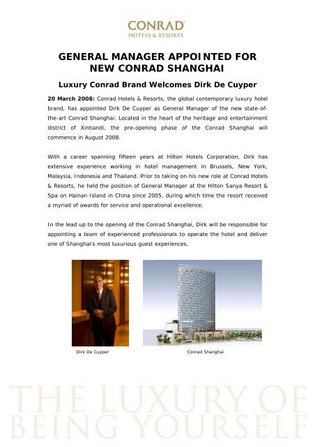 general manager appointed for new conrad shanghai - Hilton