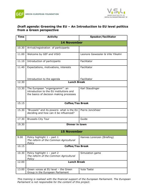 Draft Agenda - Training Course "Greening Europe: reality and vision"