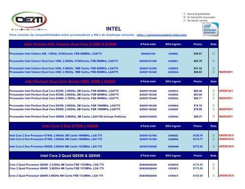 Intel Celeron 430, Celeron Dual Core E1500 & E3X00 Intel Pentium ...