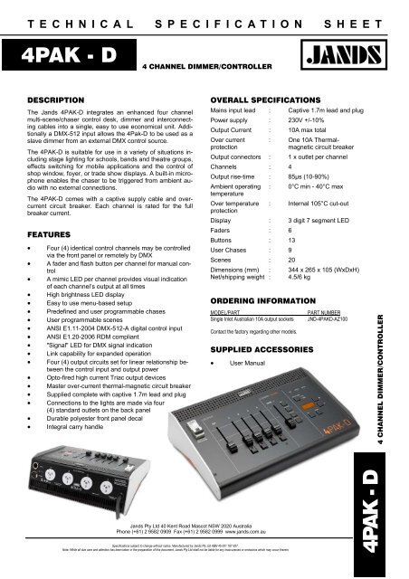 4PAK-D Dimmer Technical Specification Sheet - Jands