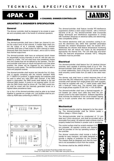 4PAK-D Dimmer Technical Specification Sheet - Jands