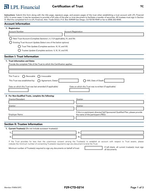 Certification of Trust Form - LPL Financial