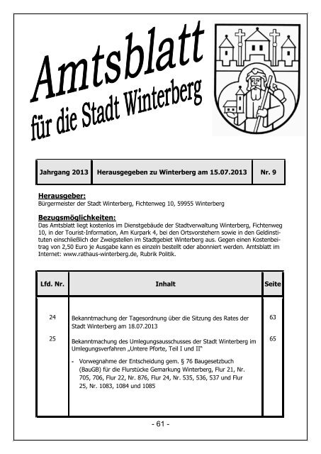 Herausgeber: Bezugsmöglichkeiten: - Rathaus Winterberg