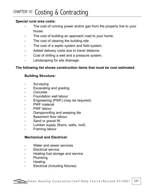 Costing & Contracting - Yukon Housing Corporation