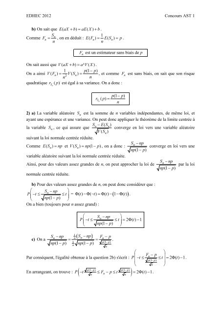 AST1 2012 - mathÃ©matiques sujet corrigÃ© rapport - EDHEC Grande ...