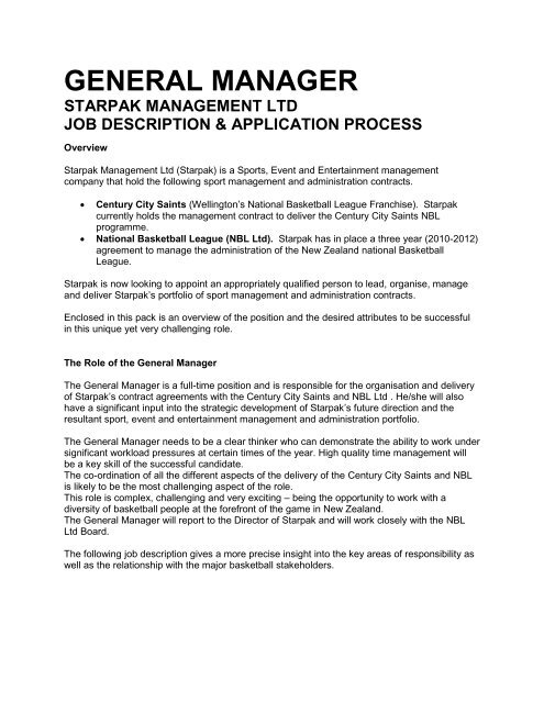 general manager starpak management ltd - Basketball New Zealand