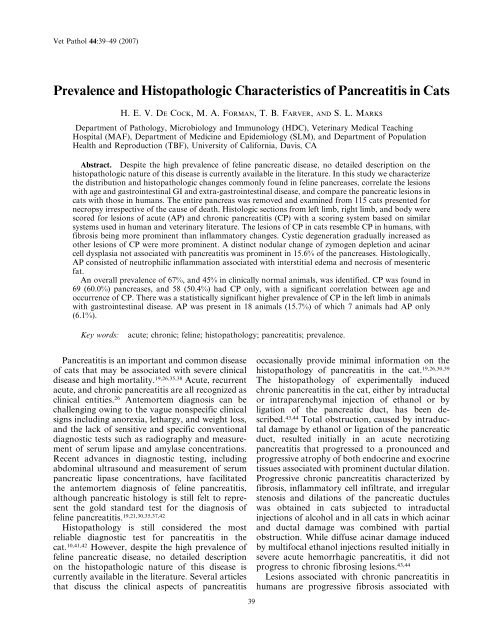 Prevalence and Histopathologic Characteristics of Pancreatitis in Cats