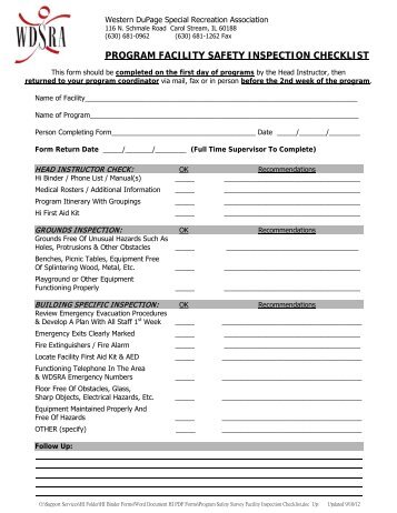 program facility safety inspection checklist - Western DuPage ...