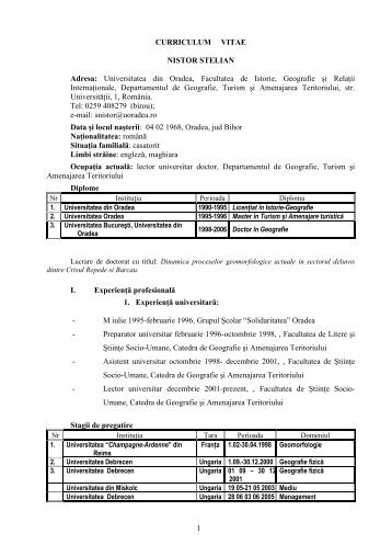 1 CURRICULUM VITAE NISTOR STELIAN Adresa: Universitatea din ...