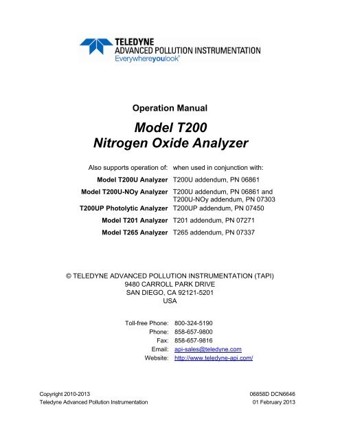 Model T200 Nitrogen Oxide Analyzer - Teledyne API