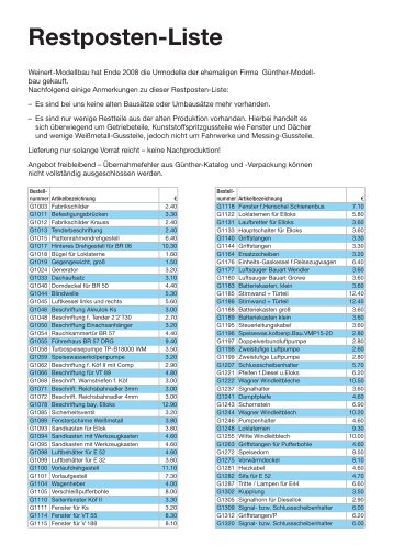 Restposten-Liste - Weinert-Blog - Weinert-Modellbau