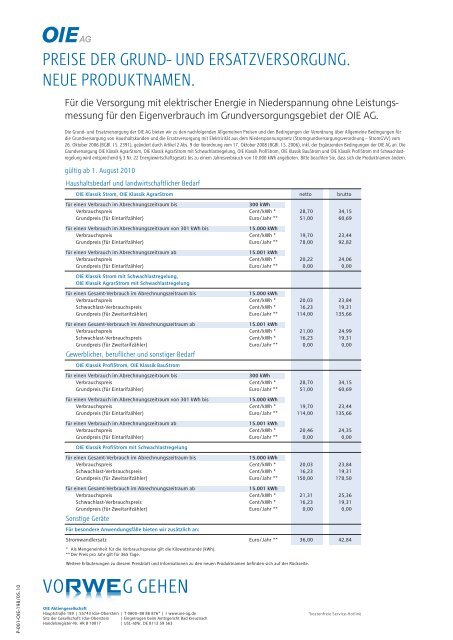 PREISE DER GRUND- UND ERSATZVERSORGUNG. NEUE - OIE AG