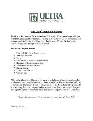 Ultra Fence Install Guide - Ultra Aluminum Manufacturing, Inc.