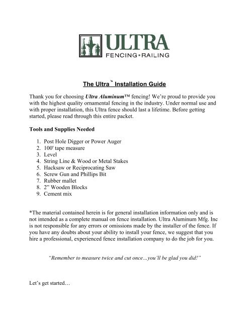 Ultra Fence Install Guide - Ultra Aluminum Manufacturing, Inc.