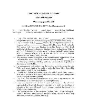 affidavit cum indemnity in case of lost policy document kotak life