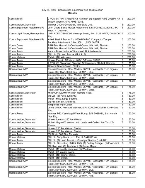 July 28, 2006 - Construction Equipment and Truck Auction