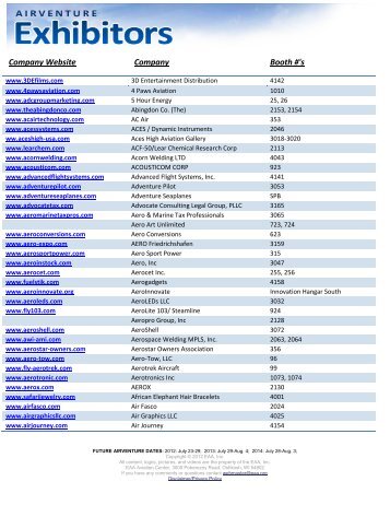 Company Website Company Booth #'s - EAA AirVenture