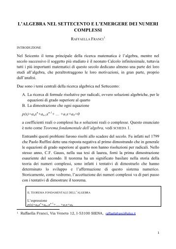 Gli sviluppi dell'algebra nel Settecento e l'emergere dei numeri ...