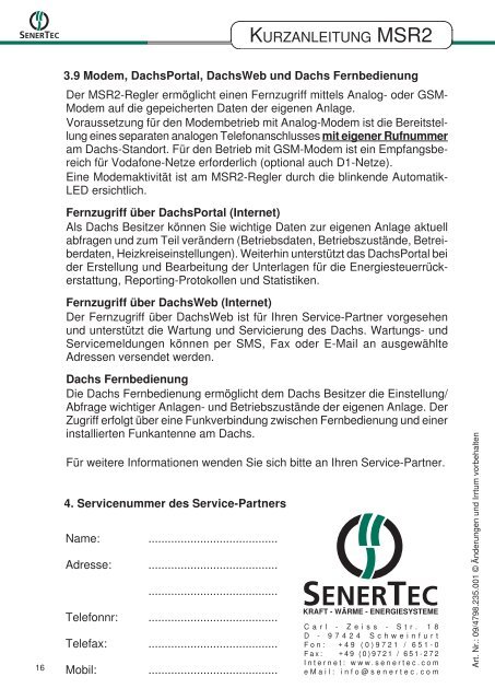 Kurzanleitung Dachs MSR 2 - SENERTEC - Service