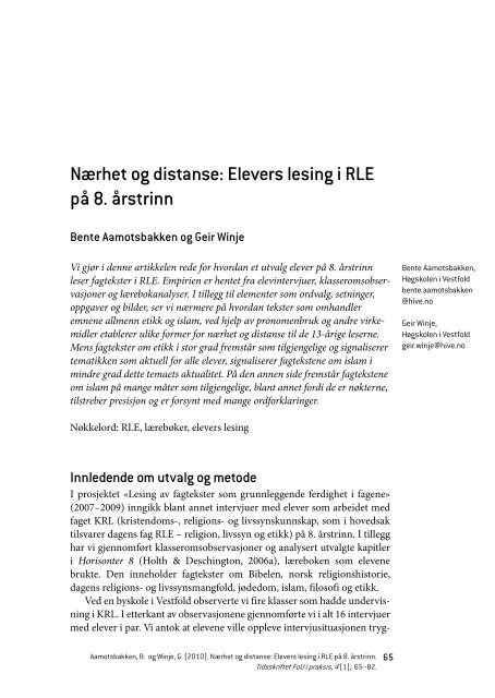 Nærhet og distanse: Elevers lesing i RLE på 8. årstrinn - Tapir ...