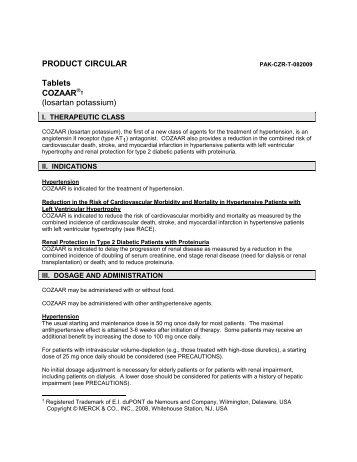 PRODUCT CIRCULAR Tablets COZAAR® (losartan potassium) - OBS