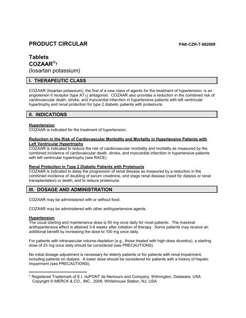 PRODUCT CIRCULAR Tablets COZAAR® (losartan potassium) - OBS