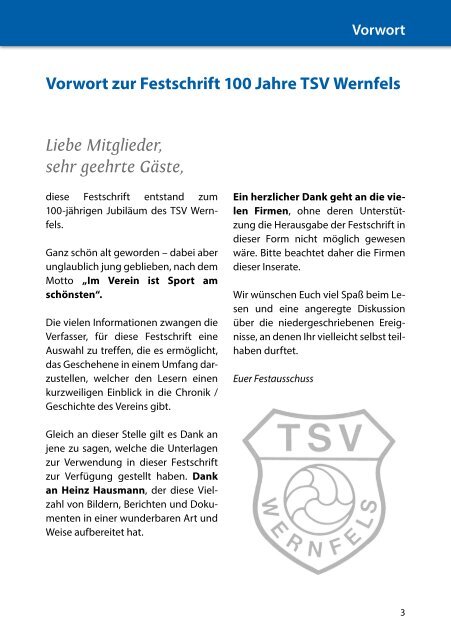 Vorwort zur Festschrift 100 Jahre TSV Wernfels